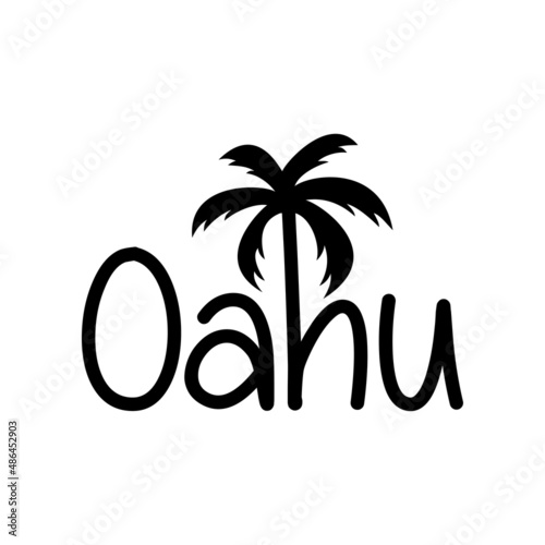 Oahu Beach. Destino de vacaciones. Banner con texto Oahu con letra con forma de silueta de palmera en color negro