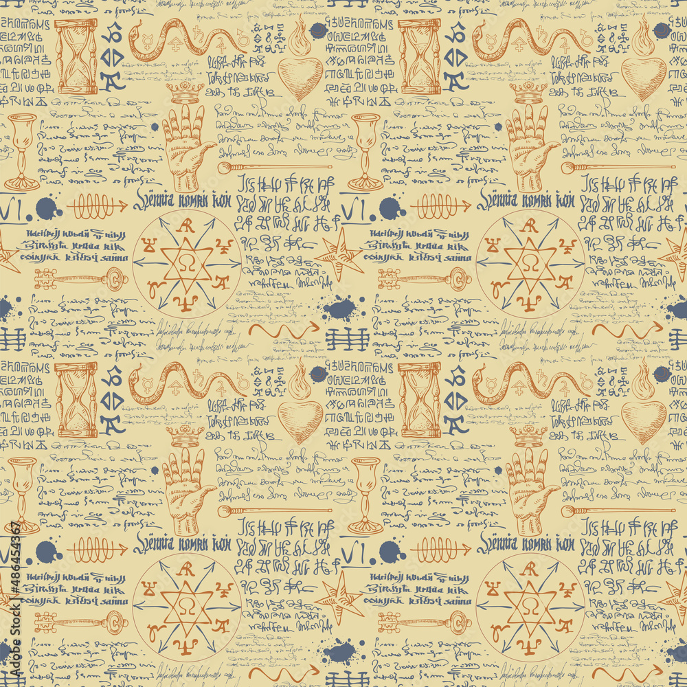 vector image of a seamless texture for printing on fabric and paper in the form of an alchemical formula with encrypted symbols in the style of medieval old graphic manuscripts text lorem ipsum