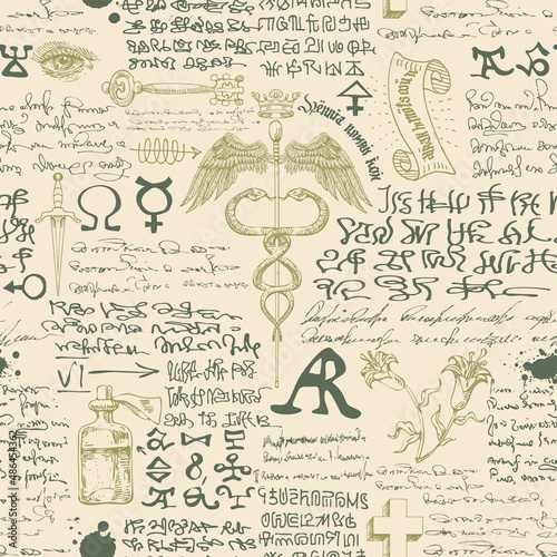 vector image of a seamless texture for printing on fabric and paper in the form of an alchemical formula with encrypted symbols in the style of medieval old graphic manuscripts text lorem ipsum