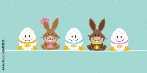 Sitzende Osterhasen Junge & Mädchen Mit 3 Ostereiern Banner Türkis