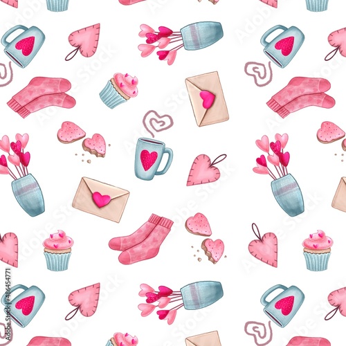 Valentine's Day. Flowers, letter, socks, dessert. Seamless pattern, print design for clothing, textiles, packaging.