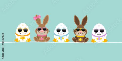 Sitzende Osterhasen Junge & Mädchen Mit 3 Ostereiern Sonnenbrille Banner Türkis