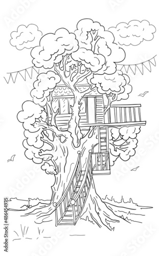 tree house coloring book for kids flags hand drawn graphic ink