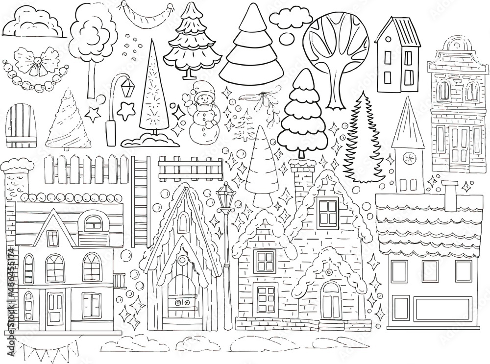 Houses Christmas trees city graphics ink coloring for children