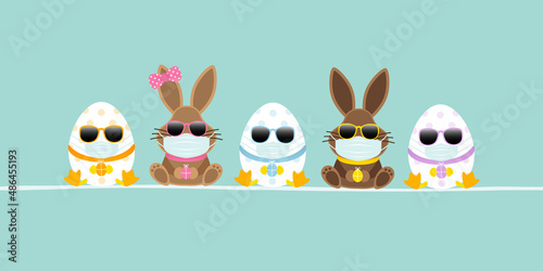 Sitzende Osterhasen Junge & Mädchen Mit 3 Ostereiern Maske Sonnenbrille Banner Türkis