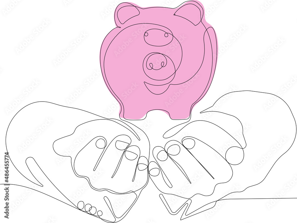 Fototapeta premium Continuous one line drawing of Teach child girl to save coin into a piggy-bank to manage finances save money spend earnings with economy plan family budget. Vector illustration