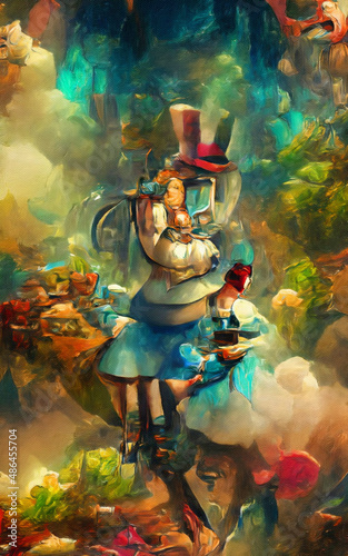 Wall art paining in oil mixed style, stock, contemporary impressionism artwork for sale, vibrant abstract art, colorful brush strokes, print for interior. Alice in wonderland artwork theme, madness