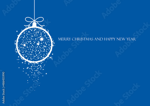 Minimalist blue Christmas card illustration. Holiday background with hanging Christmas balls. White and blue christmas ornaments. Elegant blue christmas background