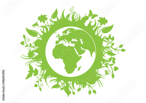 Fototapeta Naklejka Na Ścianę i Meble -  Green eco planet Earth illustration. Green planet earth icon isolated on a white background. Planet Earth with fauna and flora icon. Environmental concept with eco planet earth