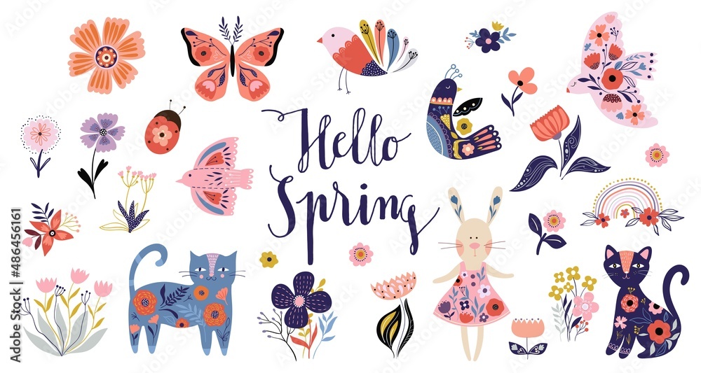 Hello Spring collection with decorative elements, folk style, seasonal floral design
