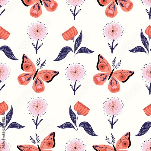 Floral seamless pattern with butterflies and flowers, folk style, decorative wallpaper