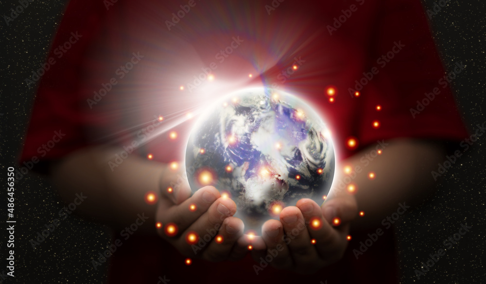 Fototapeta premium kid hand hold eco planet earth for global worldwide protect nature