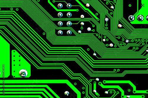 Macro Close up of printed wiring on PC circuit board.