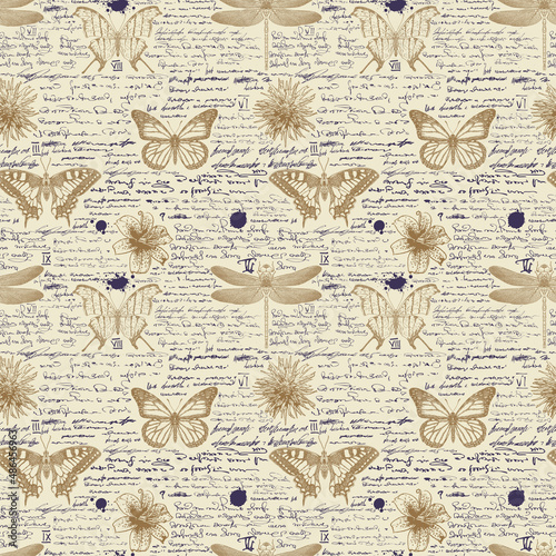 vector image of a seamless textured background for printing on fabric and paper in the style of notes from an entomologist's diary with sketches, formulas and notes and sketches of insects text lorem 