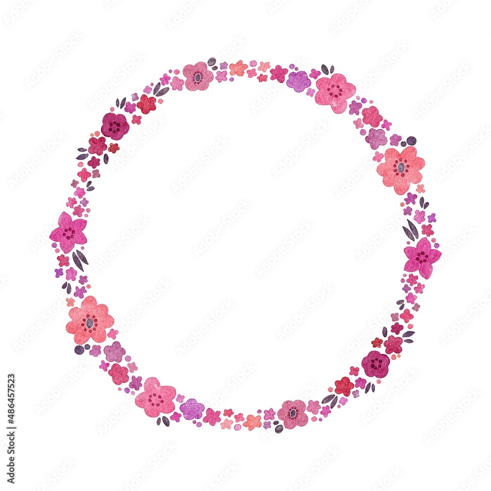 ピンク系　水彩のお花のリース・フレームセット　ラスター素材