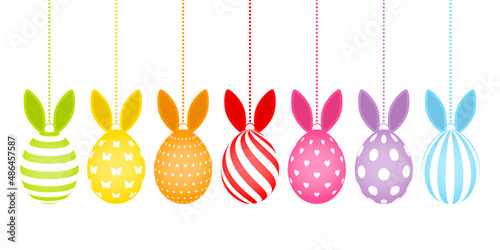 7 Bunte Hängende Ostereier Mit Hasenohren Und Weißen Mustern