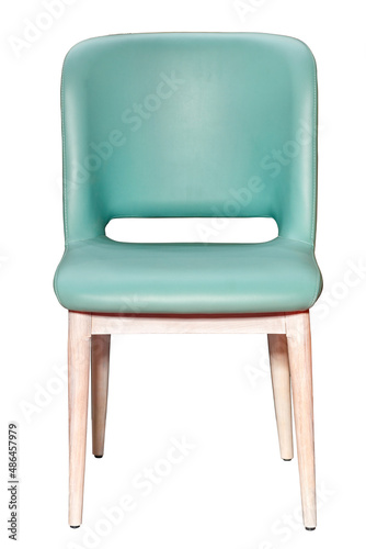 An upholstered chair with muted emerald green leather upholstery and wooden legs, isolated on a white background.