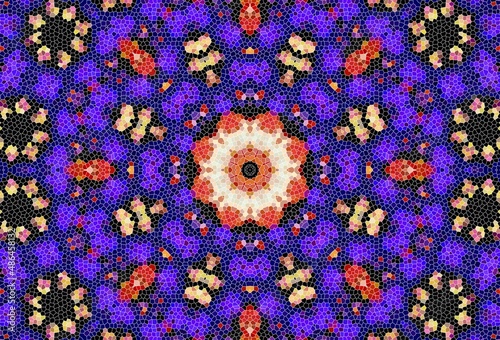 Decorative mosaic texture, abstract blue and pink background. Drawings on floors and walls engraved pattern.  Abstract fractal stained glass window.