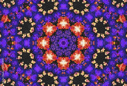 Decorative mosaic texture, abstract blue and pink background. Drawings on floors and walls engraved pattern.  Abstract fractal stained glass window.