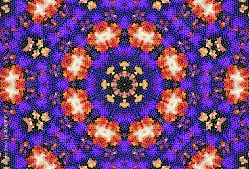 Decorative mosaic texture, abstract blue and pink background. Drawings on floors and walls engraved pattern.  Abstract fractal stained glass window.