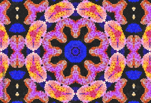 Decorative mosaic texture, abstract blue and pink background. Drawings on floors and walls engraved pattern.  Abstract fractal stained glass window.