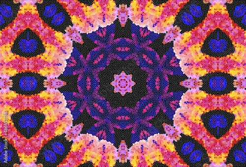 Decorative mosaic texture, abstract blue and pink background. Drawings on floors and walls engraved pattern. Abstract fractal stained glass window.