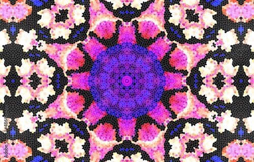 Decorative mosaic texture, abstract blue and pink background. Drawings on floors and walls engraved pattern.  Abstract fractal stained glass window.