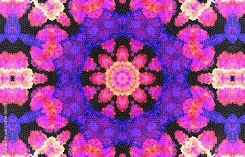 Decorative mosaic texture, abstract blue and pink background. Drawings on floors and walls engraved pattern. Abstract fractal stained glass window.