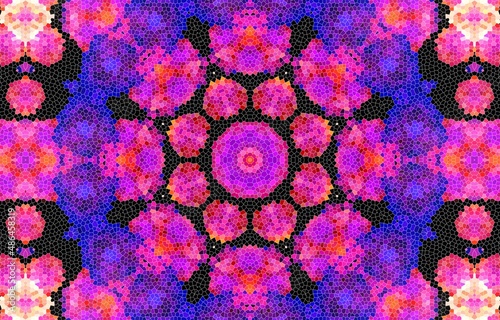 Decorative mosaic texture, abstract blue and pink background. Drawings on floors and walls engraved pattern. Abstract fractal stained glass window.