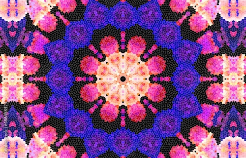 Decorative mosaic texture, abstract blue and pink background. Drawings on floors and walls engraved pattern.  Abstract fractal stained glass window.