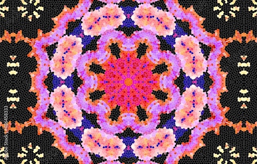 Decorative mosaic texture, abstract blue and pink background. Drawings on floors and walls engraved pattern. Abstract fractal stained glass window.