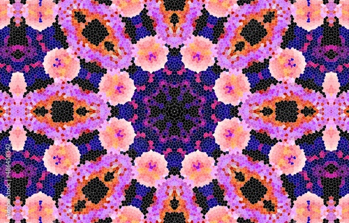 Decorative mosaic texture, abstract blue and pink background. Drawings on floors and walls engraved pattern.  Abstract fractal stained glass window.