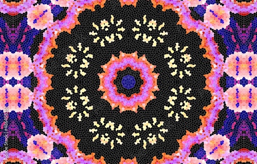 Decorative mosaic texture, abstract blue and pink background. Drawings on floors and walls engraved pattern.  Abstract fractal stained glass window.