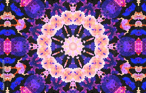 Decorative mosaic texture, abstract blue and pink background. Drawings on floors and walls engraved pattern. Abstract fractal stained glass window.