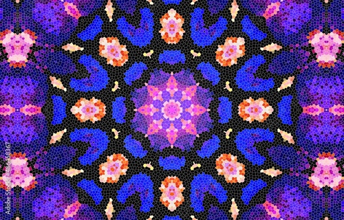 Decorative mosaic texture, abstract blue and pink background. Drawings on floors and walls engraved pattern. Abstract fractal stained glass window.