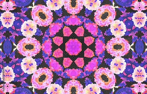 Decorative mosaic texture, abstract blue and pink background. Drawings on floors and walls engraved pattern. Abstract fractal stained glass window.