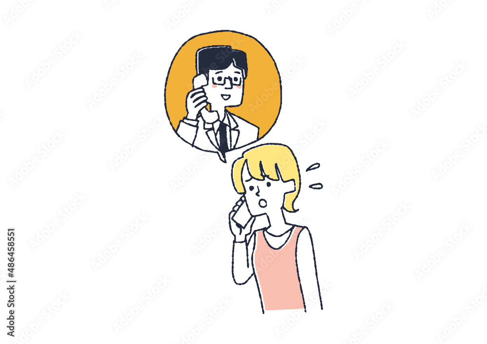 病院に電話をしている女性　コミカルな手書きの人物イラスト　ベクター線画にシンプルな色つけ　