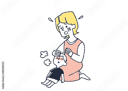 発熱している子供を心配しているママ　コミカルな手書きの人物イラスト　ベクター線画にシンプルな色つけ　
