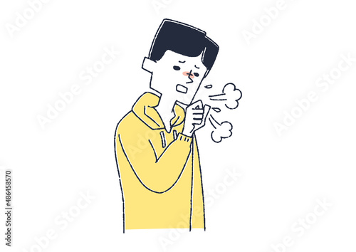 咳き込んでいる男性　コミカルな手書きの人物イラスト　ベクター線画にシンプルな色つけ　白バック