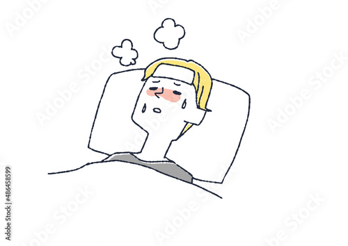 発熱して寝ている男性　コミカルな手書きの人物イラスト　ベクター線画にシンプルな色つけ　白バック