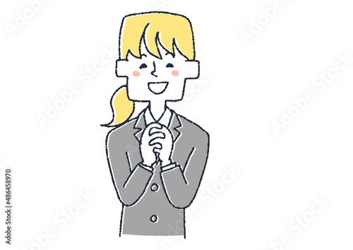 嬉しそうにしているスーツの女性　コミカルな手書きの人物イラスト　ベクター線画にシンプルな色つけ　