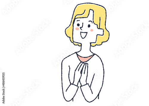 上を見て喜んでいる女性　コミカルな手書きの人物イラスト　ベクター線画にシンプルな色つけ　