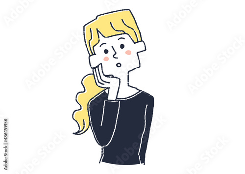 考え事をしている女性　コミカルな手書きの人物イラスト　ベクター線画にシンプルな色つけ　白バック