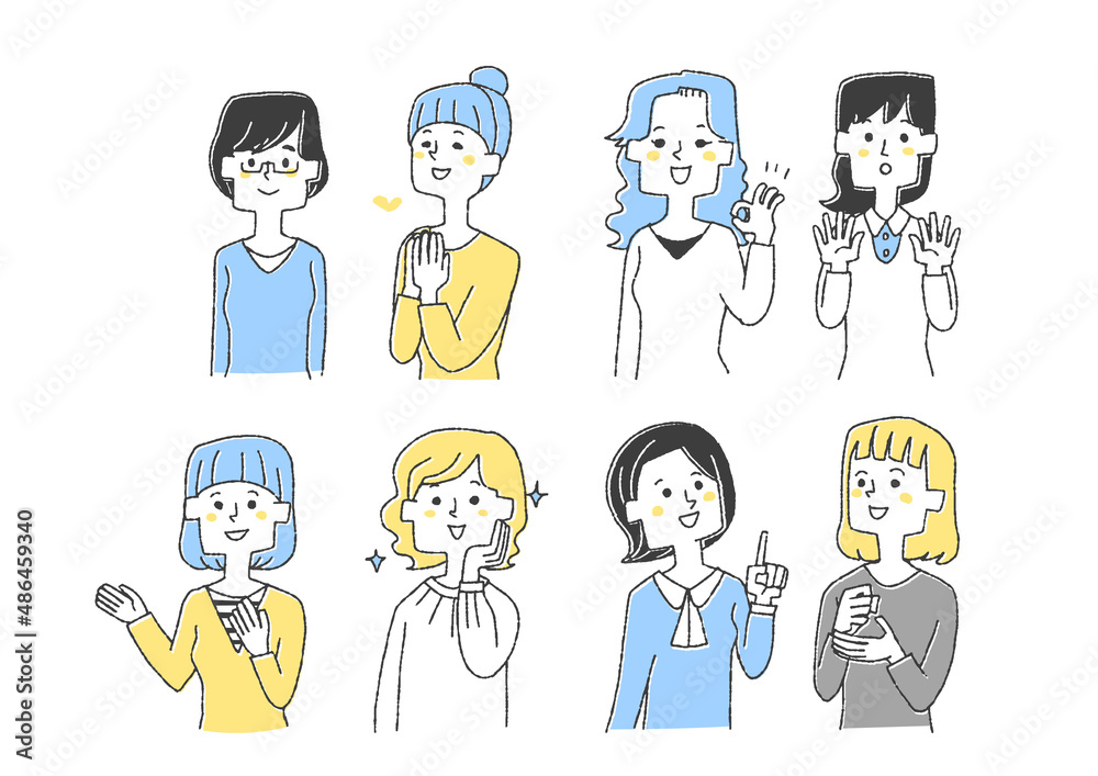 いろんなポーズの若い女性のセット コミカルな手書きの人物イラスト ベクター線画にシンプルな色つけ いろんなポーズの若い女性のセット コミカルな手書きの人物イラスト ベクター線画にシンプルな色つけ