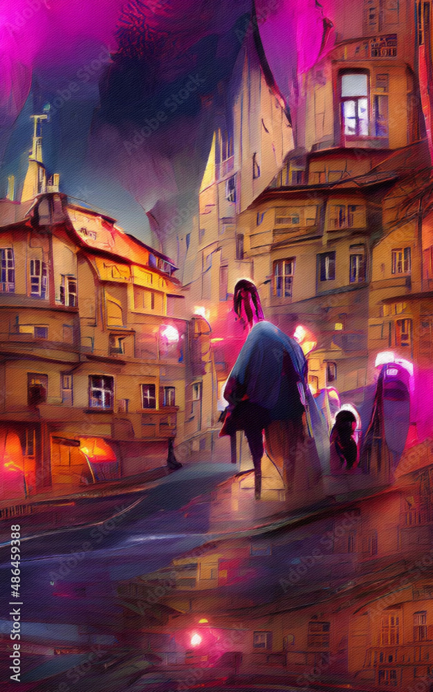 Fototapeta premium Wall art paining in oil mixed style, stock, contemporary impressionism artwork for sale, vibrant abstract art, colorful brush strokes, print for interior. European city old street and houses, tourism