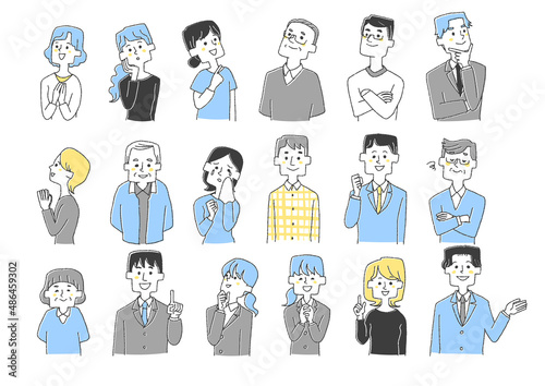 さまざまな年齢の人物のアイコンセット　コミカルな手書きの人物イラスト　ベクター線画