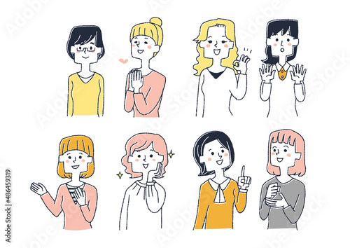 いろんなポーズの若い女性のセット　コミカルな手書きの人物イラスト　ベクター線画にシンプルな色つけ　　