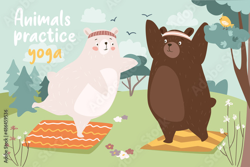 Animals practice yoga concept background. Cute bear, rabbit and fox doing yoga asanas on mats in city park. Pets exercising and doing outdoor activities. Vector illustration in flat cartoon design