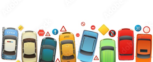 Road signs border. Auto traffic background. Specify and limit. Top view from above. Cartoon funny style. Flat design. Isolated on white. illustration vector