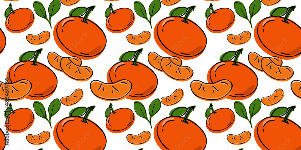 Tangerine or mandarin orange  whole and slices, beautiful vector seamless pattern. Fruit, suitable for wallpapers, web page food backgrounds, surface textures, textiles. Doodle or hand drawn 